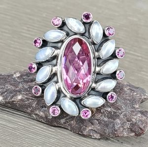 Nicky Butler RAJ LIMITED 925 Sterling Silver Pink Quartz Garnet Pearl Sz 6 Ring